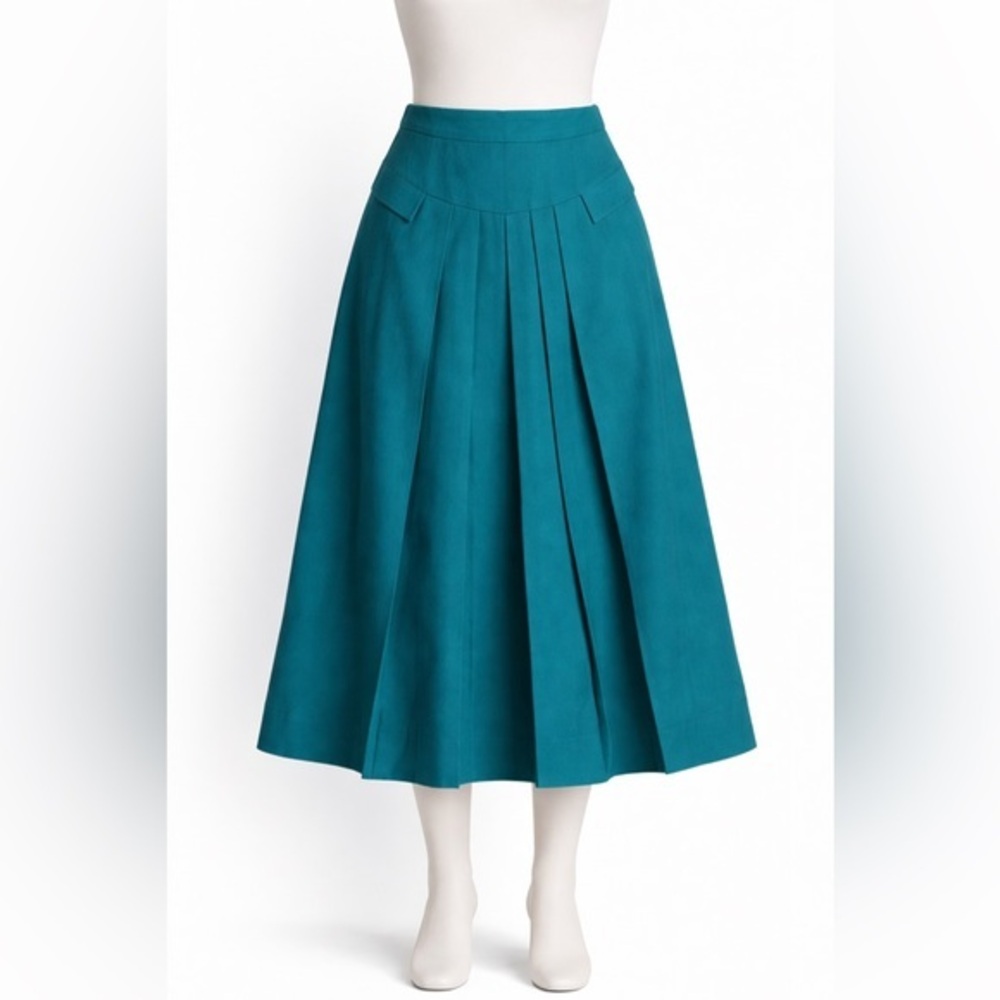 Carla Roveda Italy 100% Wool Teal Pleated Midi Skirt A-Line Workwear Classic